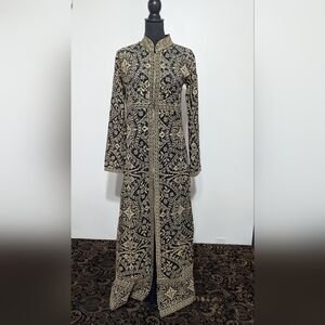 Elegant Navy Blue and Gold Embroidered Palestinian Thobe